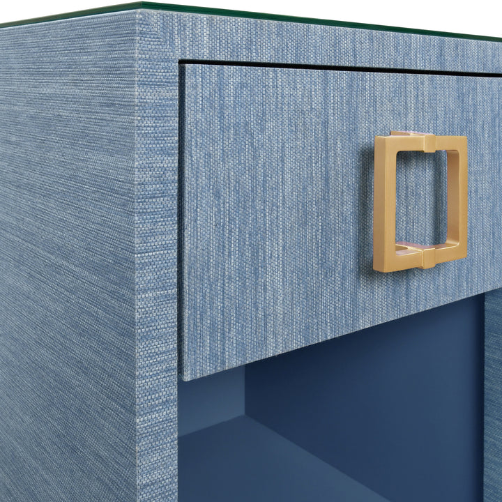 One Drawer Side Table With Large Brass Square Hardware In Blue Dyed Grasscloth With Glass Top - BLAIR BL