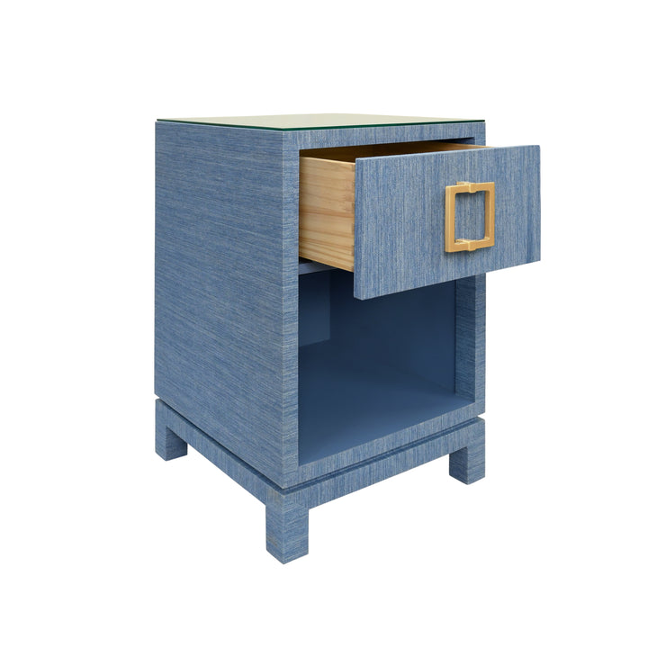 One Drawer Side Table With Large Brass Square Hardware In Blue Dyed Grasscloth With Glass Top - BLAIR BL