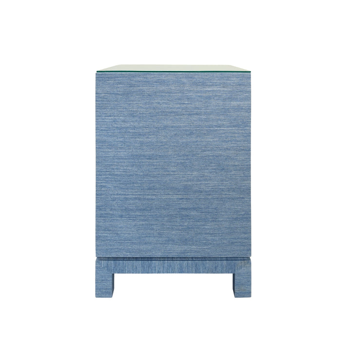 One Drawer Side Table With Large Brass Square Hardware In Blue Dyed Grasscloth With Glass Top - BLAIR BL