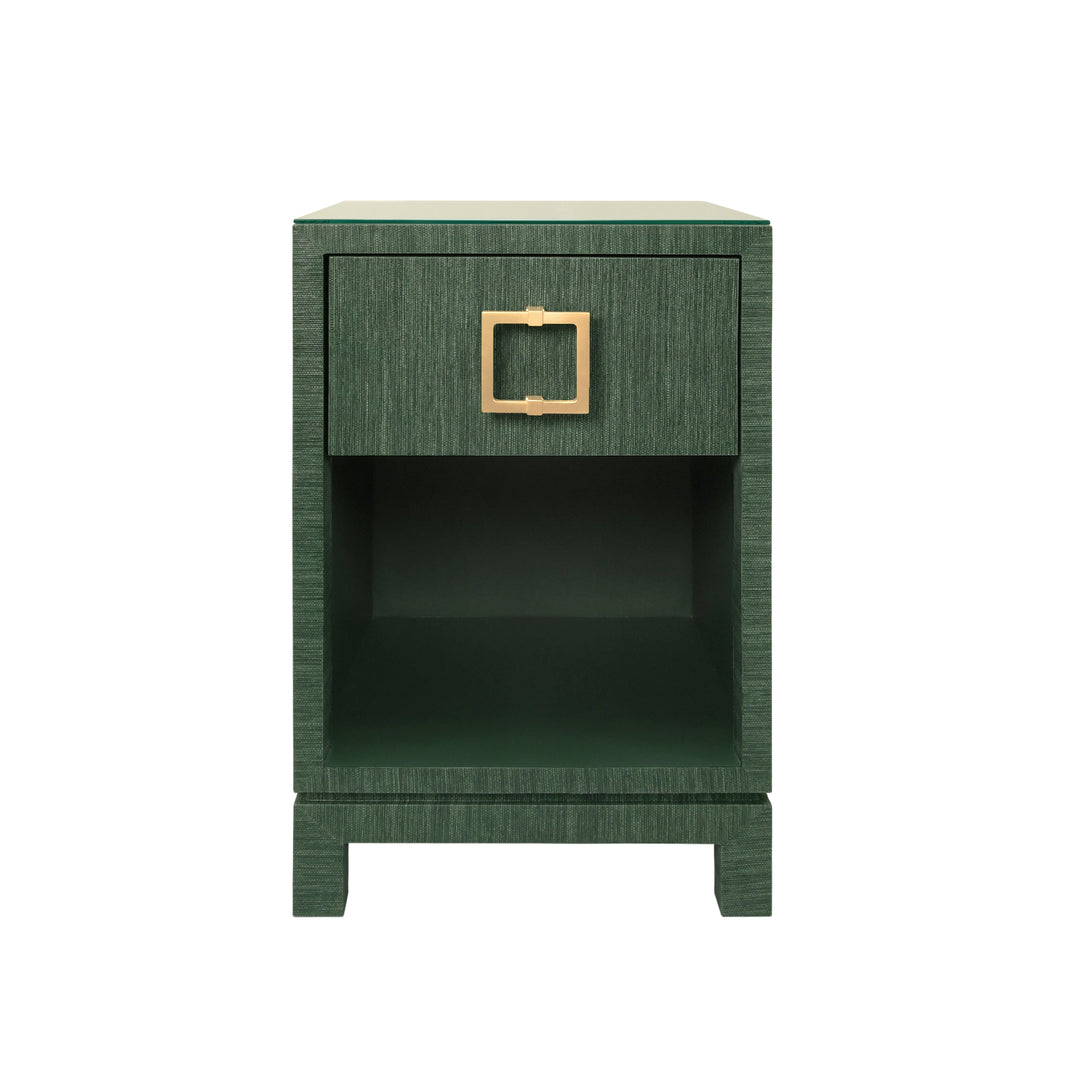 One Drawer Side Table With Large Brass Square Hardware In Green Dyed Grasscloth With Glass Top - BLAIR GR