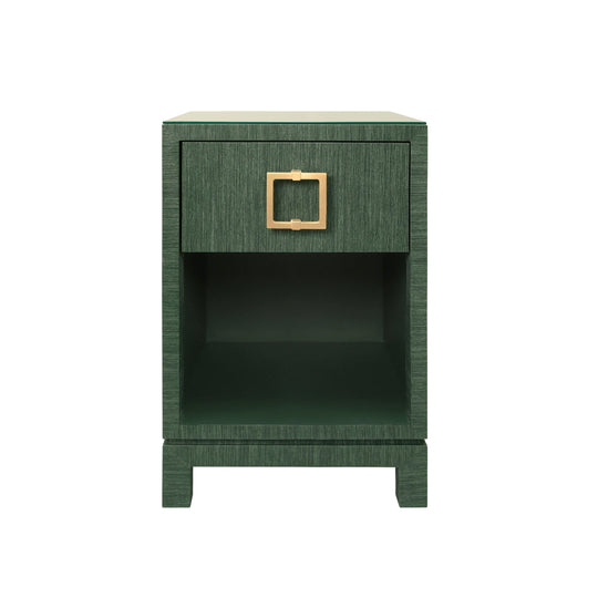 One Drawer Side Table With Large Brass Square Hardware In Green Dyed Grasscloth With Glass Top - BLAIR GR