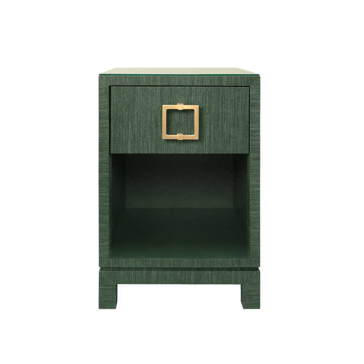 One Drawer Side Table With Large Brass Square Hardware In Green Dyed Grasscloth With Glass Top - BLAIR GR