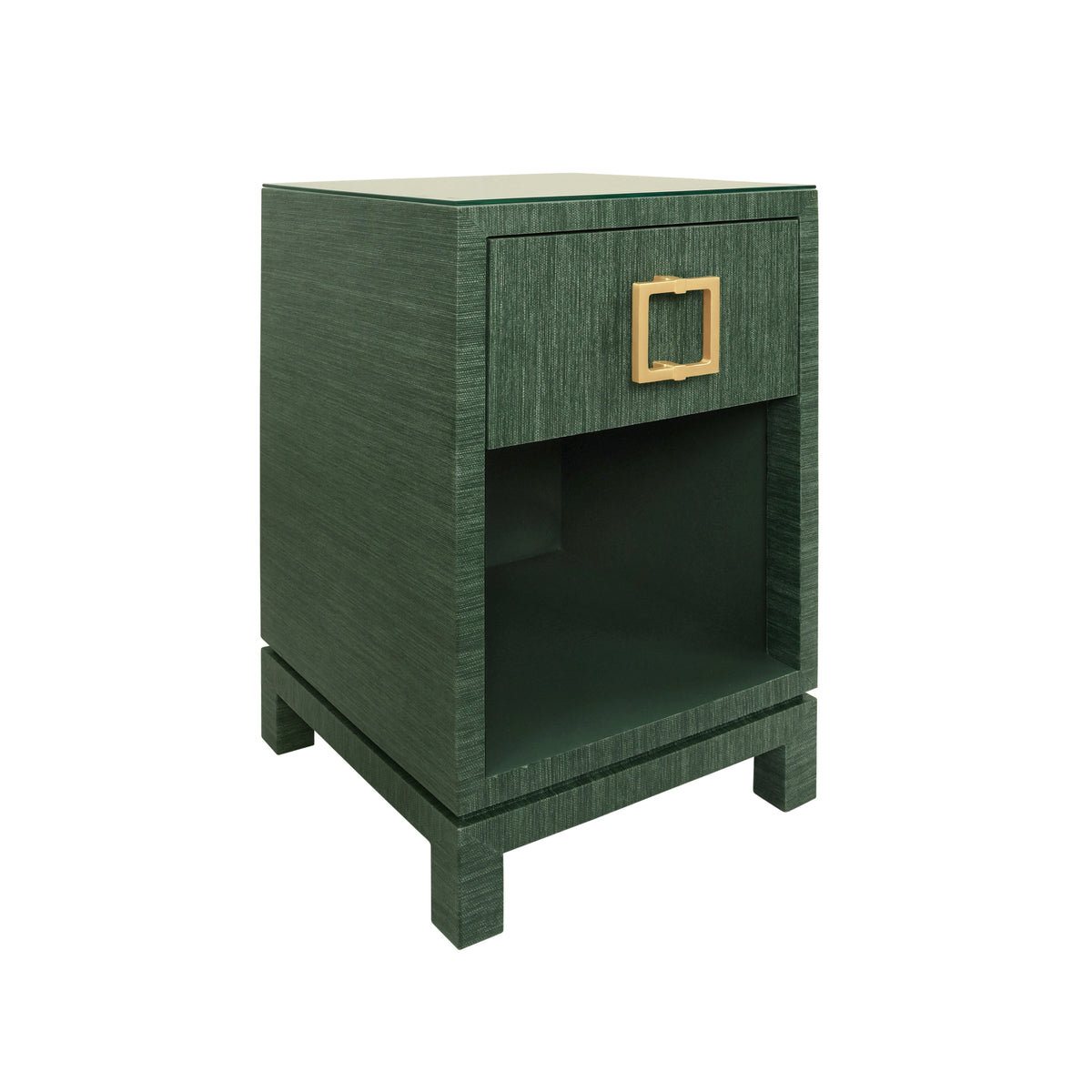 One Drawer Side Table With Large Brass Square Hardware In Green Dyed Grasscloth With Glass Top - BLAIR GR