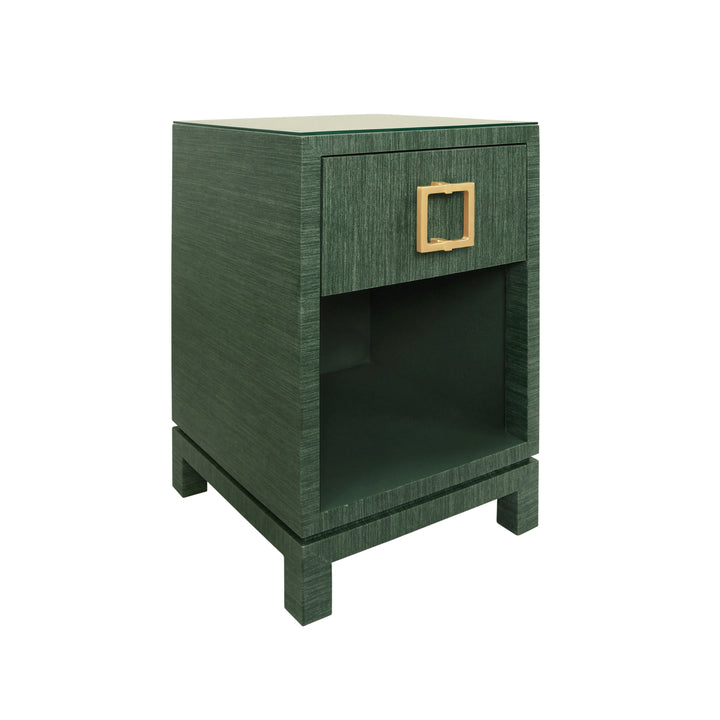 One Drawer Side Table With Large Brass Square Hardware In Green Dyed Grasscloth With Glass Top - BLAIR GR