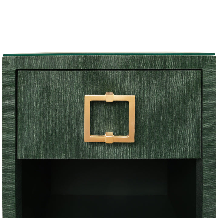 One Drawer Side Table With Large Brass Square Hardware In Green Dyed Grasscloth With Glass Top - BLAIR GR