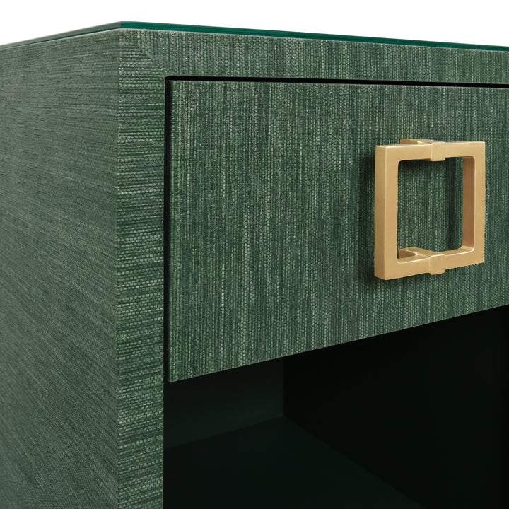 One Drawer Side Table With Large Brass Square Hardware In Green Dyed Grasscloth With Glass Top - BLAIR GR