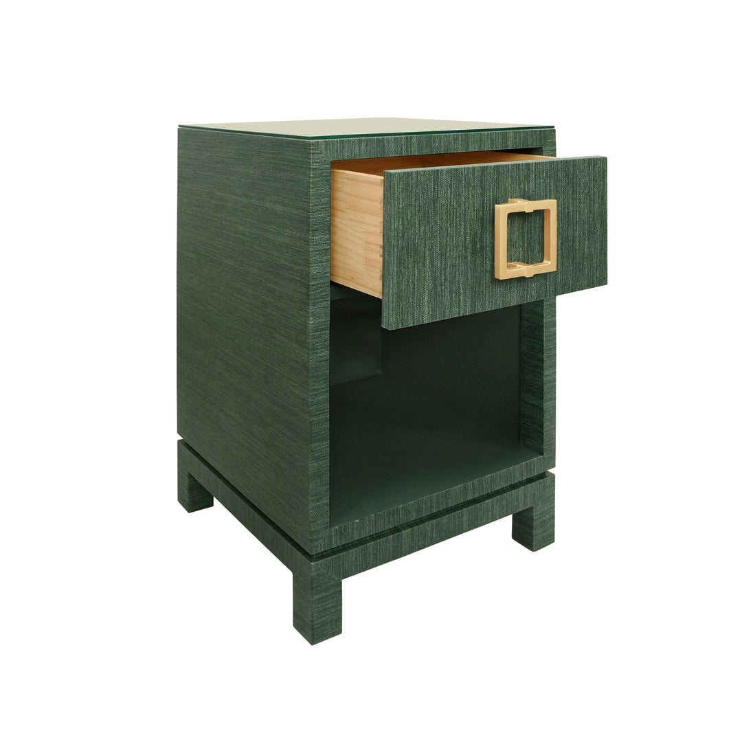One Drawer Side Table With Large Brass Square Hardware In Green Dyed Grasscloth With Glass Top - BLAIR GR
