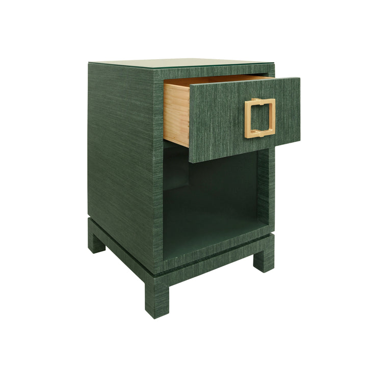One Drawer Side Table With Large Brass Square Hardware In Green Dyed Grasscloth With Glass Top - BLAIR GR