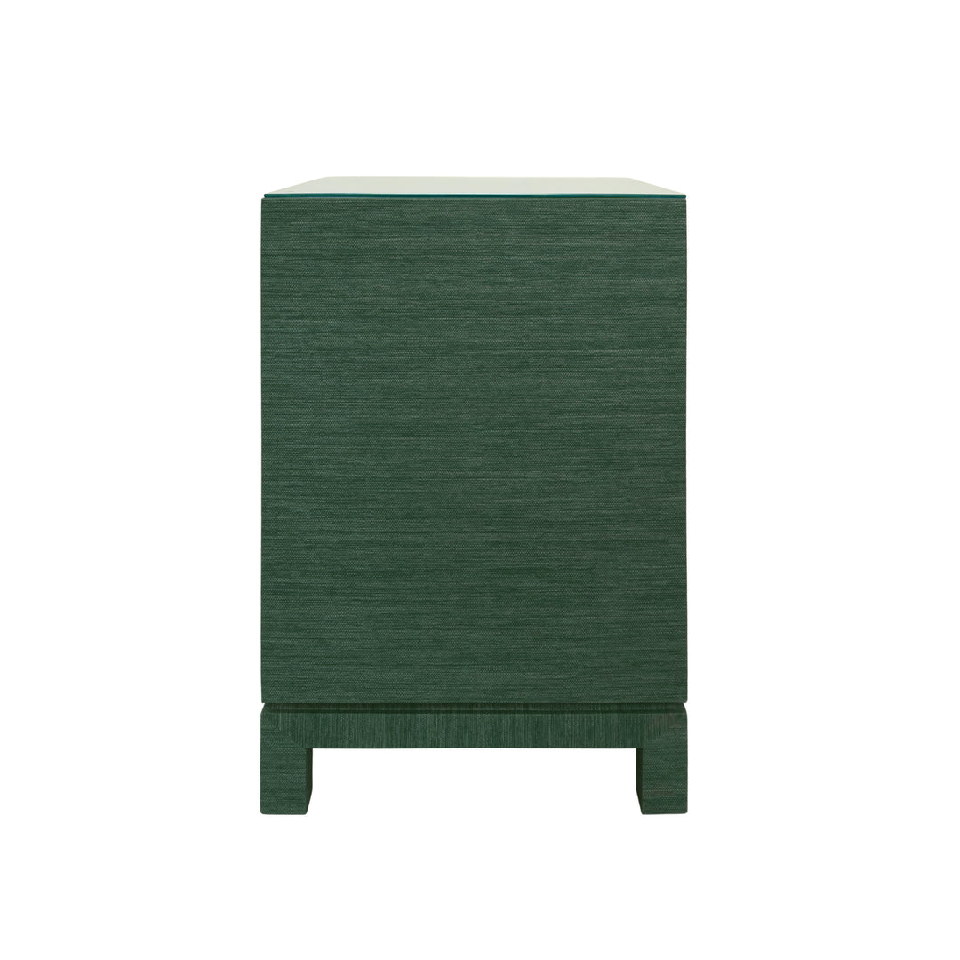 One Drawer Side Table With Large Brass Square Hardware In Green Dyed Grasscloth With Glass Top - BLAIR GR