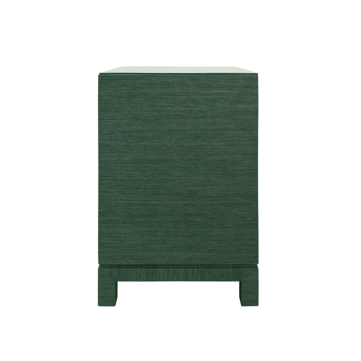 One Drawer Side Table With Large Brass Square Hardware In Green Dyed Grasscloth With Glass Top - BLAIR GR