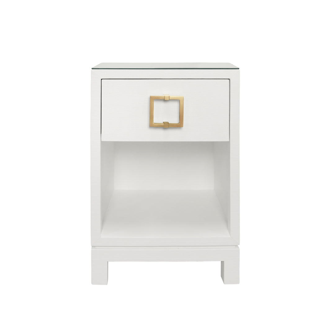 One Drawer Side Table With Large Brass Square Hardware In White Textured Linen With Glass Top - BLAIR WH
