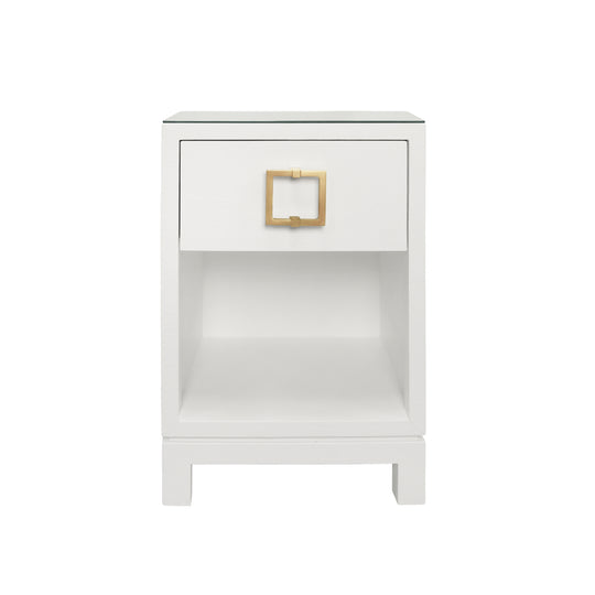 One Drawer Side Table With Large Brass Square Hardware In White Textured Linen With Glass Top - BLAIR WH