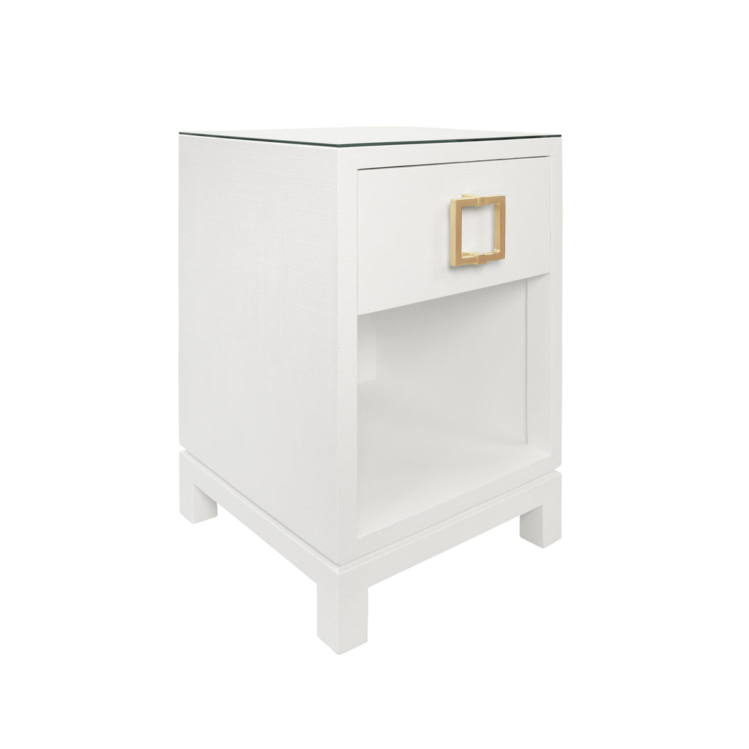 One Drawer Side Table With Large Brass Square Hardware In White Textured Linen With Glass Top - BLAIR WH