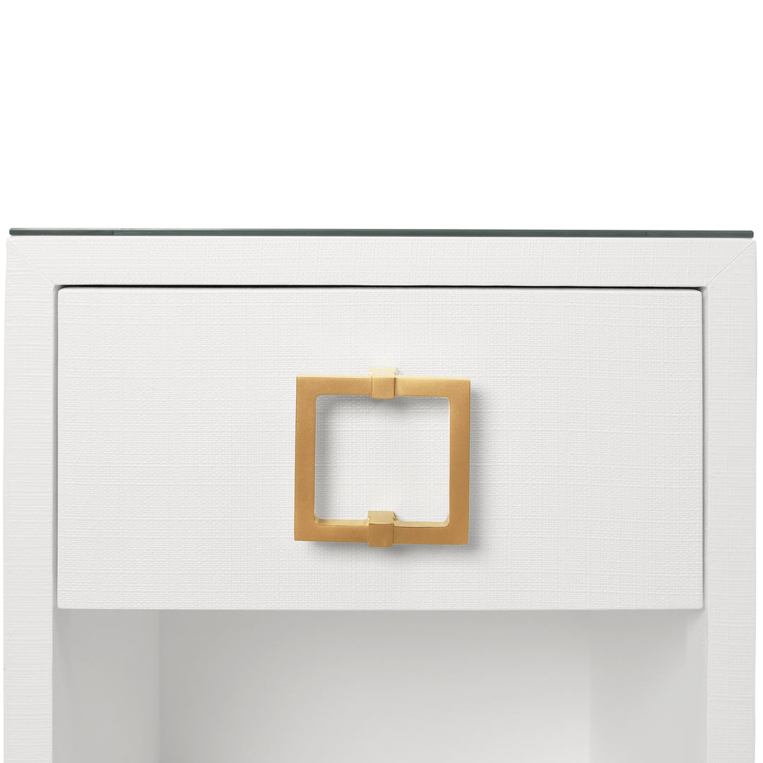 One Drawer Side Table With Large Brass Square Hardware In White Textured Linen With Glass Top - BLAIR WH