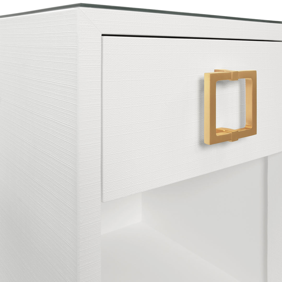 One Drawer Side Table With Large Brass Square Hardware In White Textured Linen With Glass Top - BLAIR WH