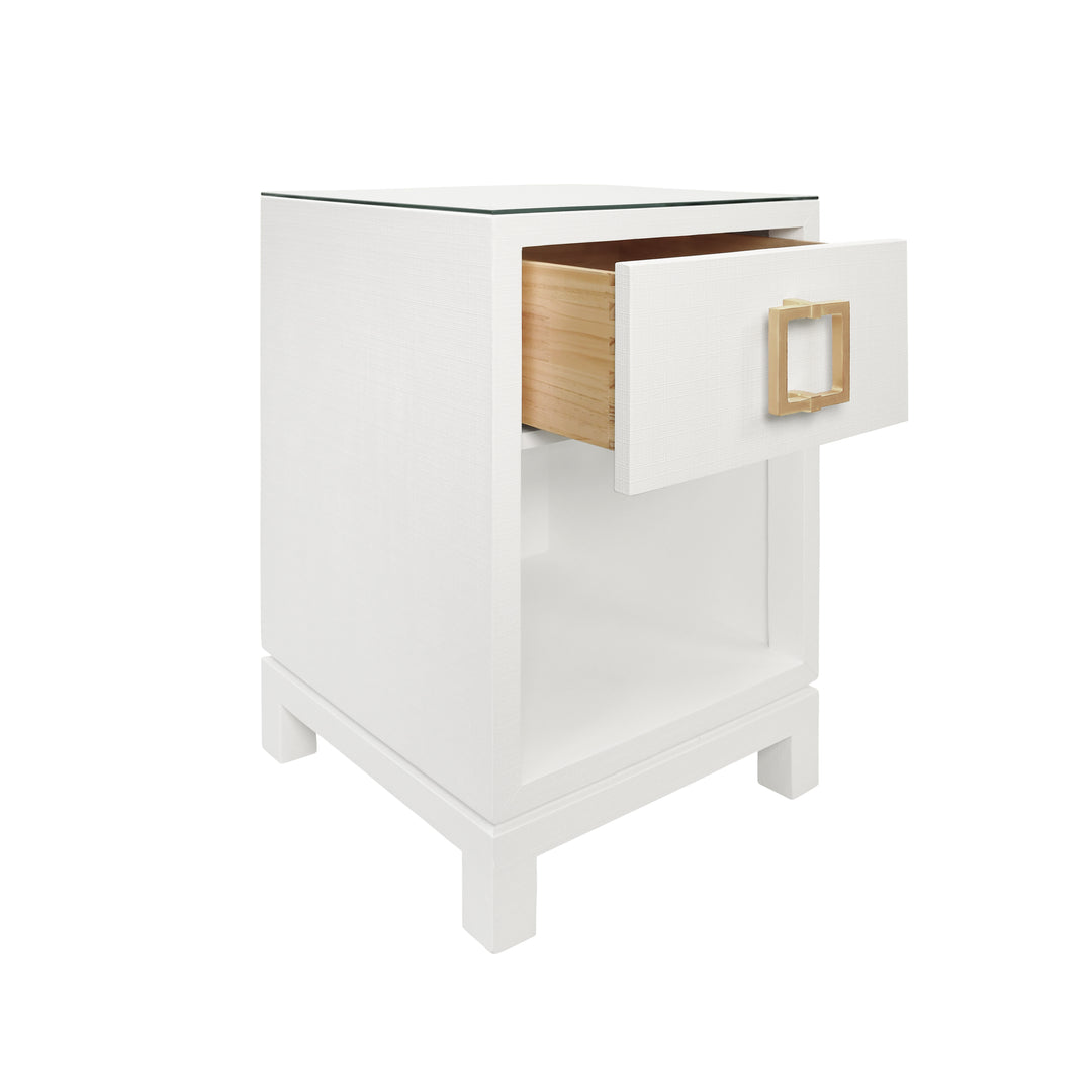 One Drawer Side Table With Large Brass Square Hardware In White Textured Linen With Glass Top - BLAIR WH