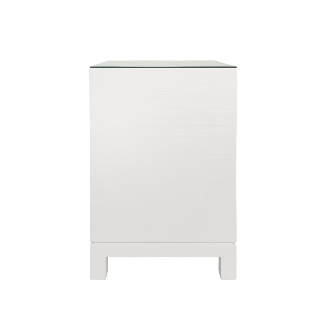 One Drawer Side Table With Large Brass Square Hardware In White Textured Linen With Glass Top - BLAIR WH