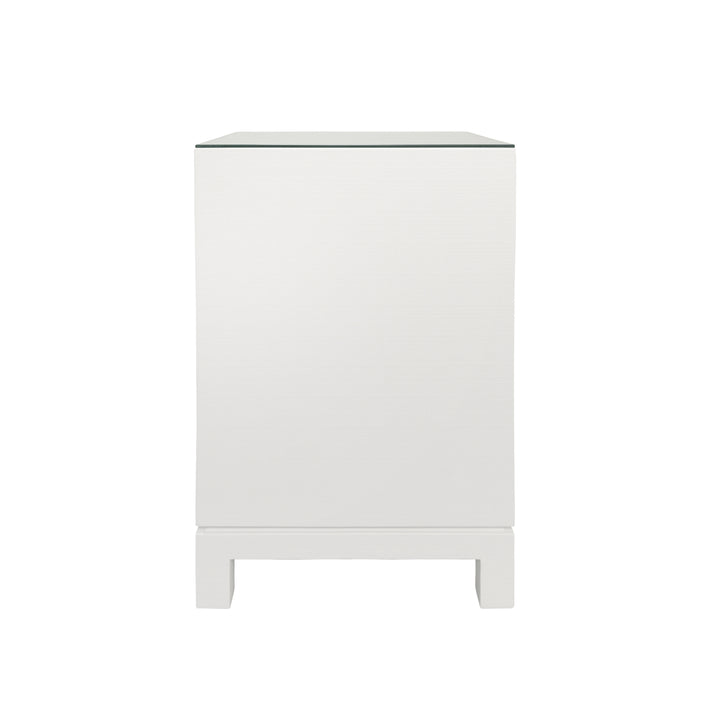 One Drawer Side Table With Large Brass Square Hardware In White Textured Linen With Glass Top - BLAIR WH