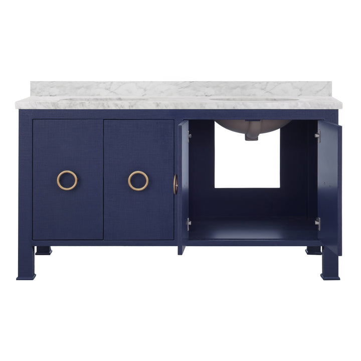 Bath Vanity In Textured Navy Linen W/ Ant. Brass Hardware, White Marble Top, And Double Porcelain Sinks, 60" Wide - BLANCHE 60 NVY