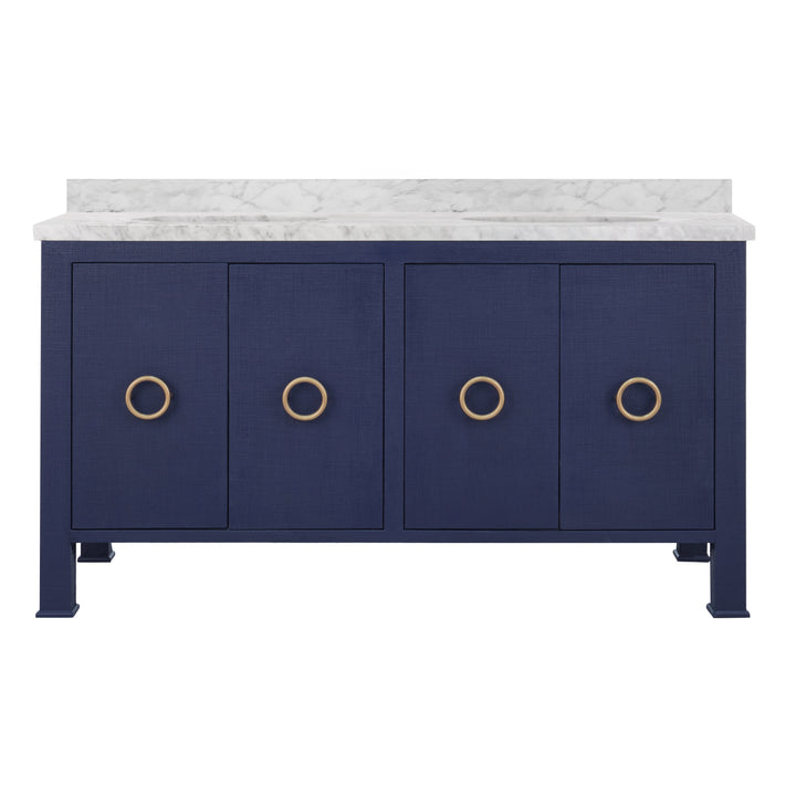 Bath Vanity In Textured Navy Linen W/ Ant. Brass Hardware, White Marble Top, And Double Porcelain Sinks, 60" Wide - BLANCHE 60 NVY