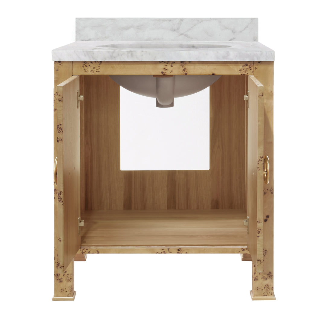 Bath Vanity In Burl Wood W/ Ant. Brass Hardware, White Marble Top, And Porcelain Sink - BLANCHE BW