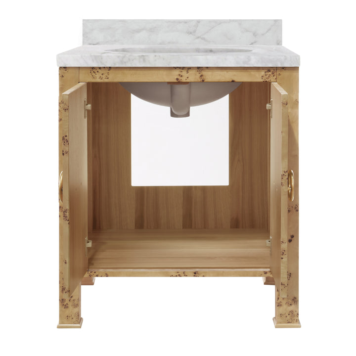 Bath Vanity In Burl Wood W/ Ant. Brass Hardware, White Marble Top, And Porcelain Sink - BLANCHE BW