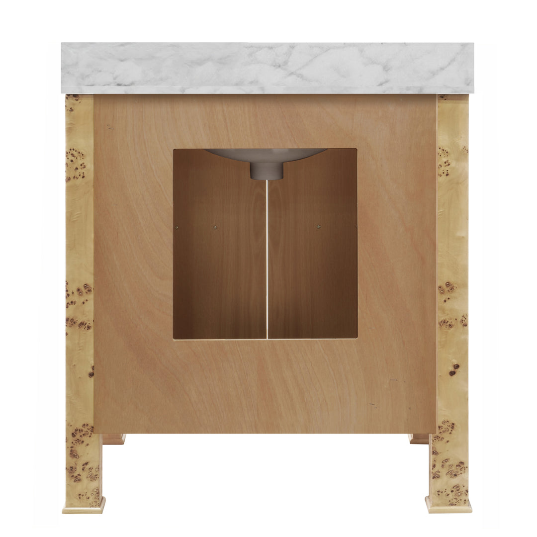 Bath Vanity In Burl Wood W/ Ant. Brass Hardware, White Marble Top, And Porcelain Sink - BLANCHE BW