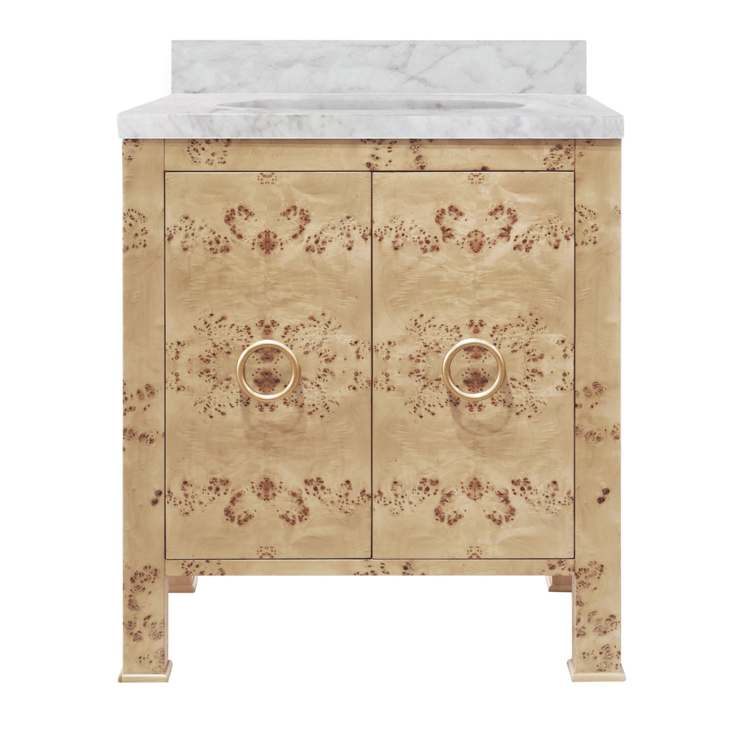 Bath Vanity In Burl Wood W/ Ant. Brass Hardware, White Marble Top, And Porcelain Sink - BLANCHE BW