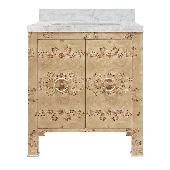 Bath Vanity In Burl Wood W/ Ant. Brass Hardware, White Marble Top, And Porcelain Sink - BLANCHE BW