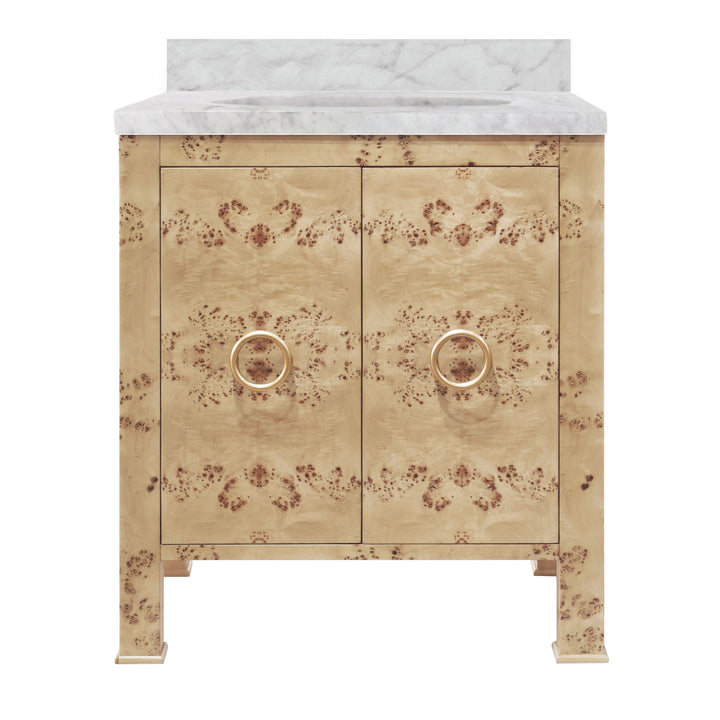 Bath Vanity In Burl Wood W/ Ant. Brass Hardware, White Marble Top, And Porcelain Sink - BLANCHE BW