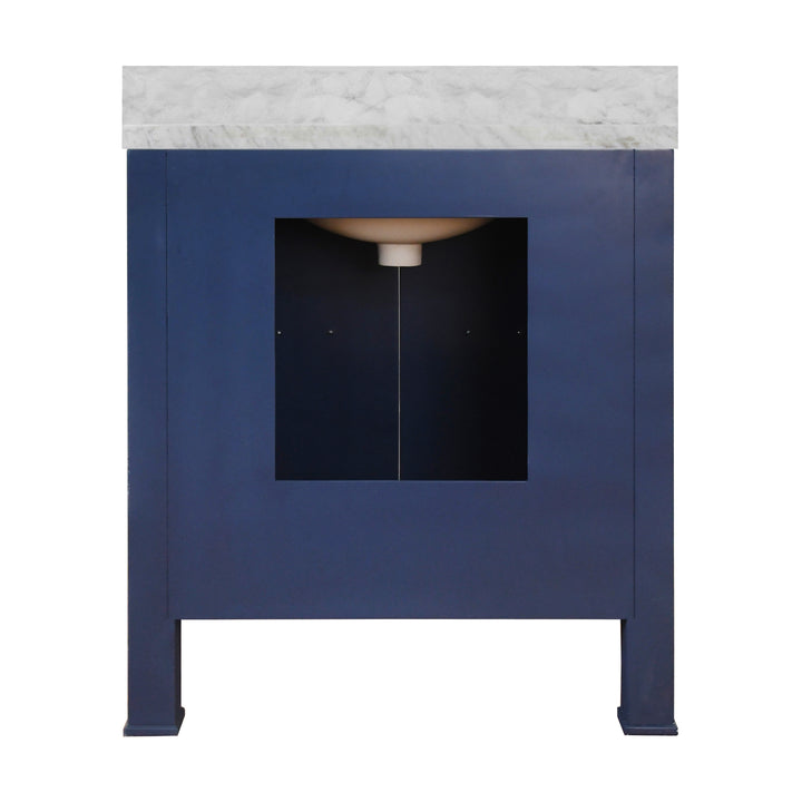 Bath Vanity In Textured Navy Linen W/ Ant. Brass Hardware, White Marble Top, And Porcelain Sink - BLANCHE NVY