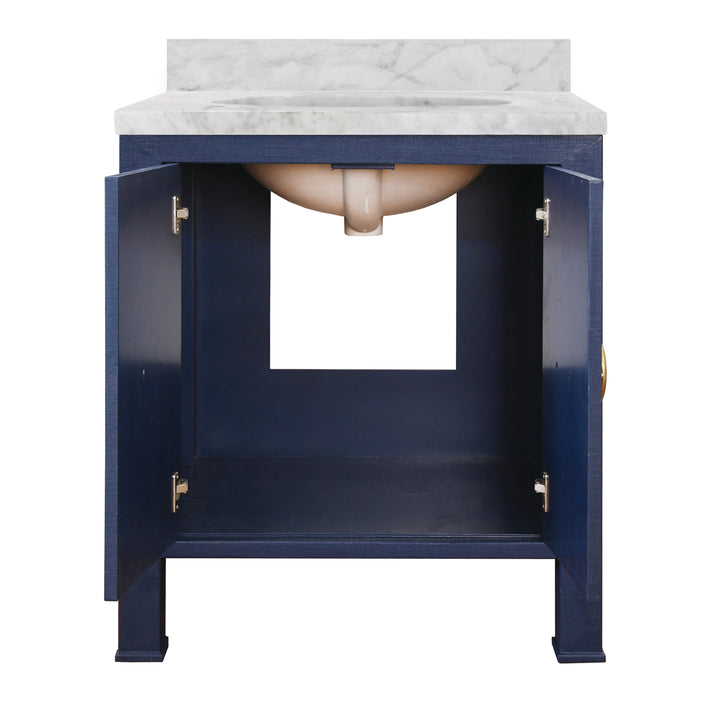 Bath Vanity In Textured Navy Linen W/ Ant. Brass Hardware, White Marble Top, And Porcelain Sink - BLANCHE NVY