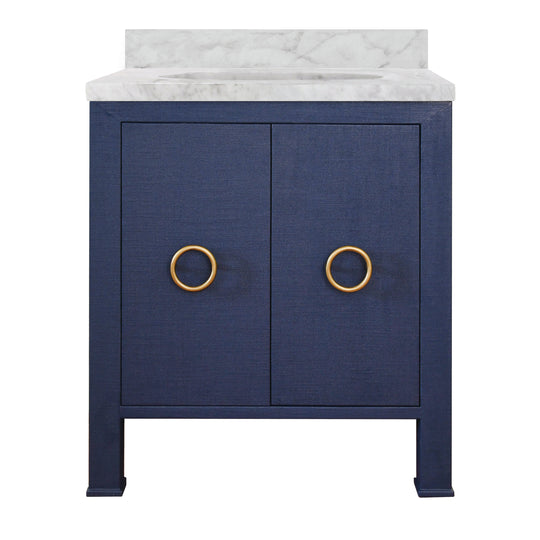 Bath Vanity In Textured Navy Linen W/ Ant. Brass Hardware, White Marble Top, And Porcelain Sink - BLANCHE NVY