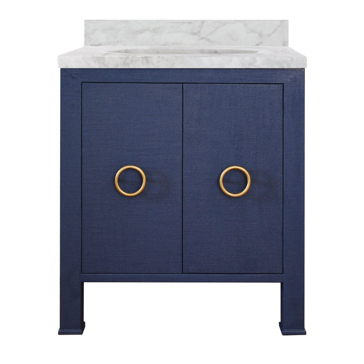 Bath Vanity In Textured Navy Linen W/ Ant. Brass Hardware, White Marble Top, And Porcelain Sink - BLANCHE NVY