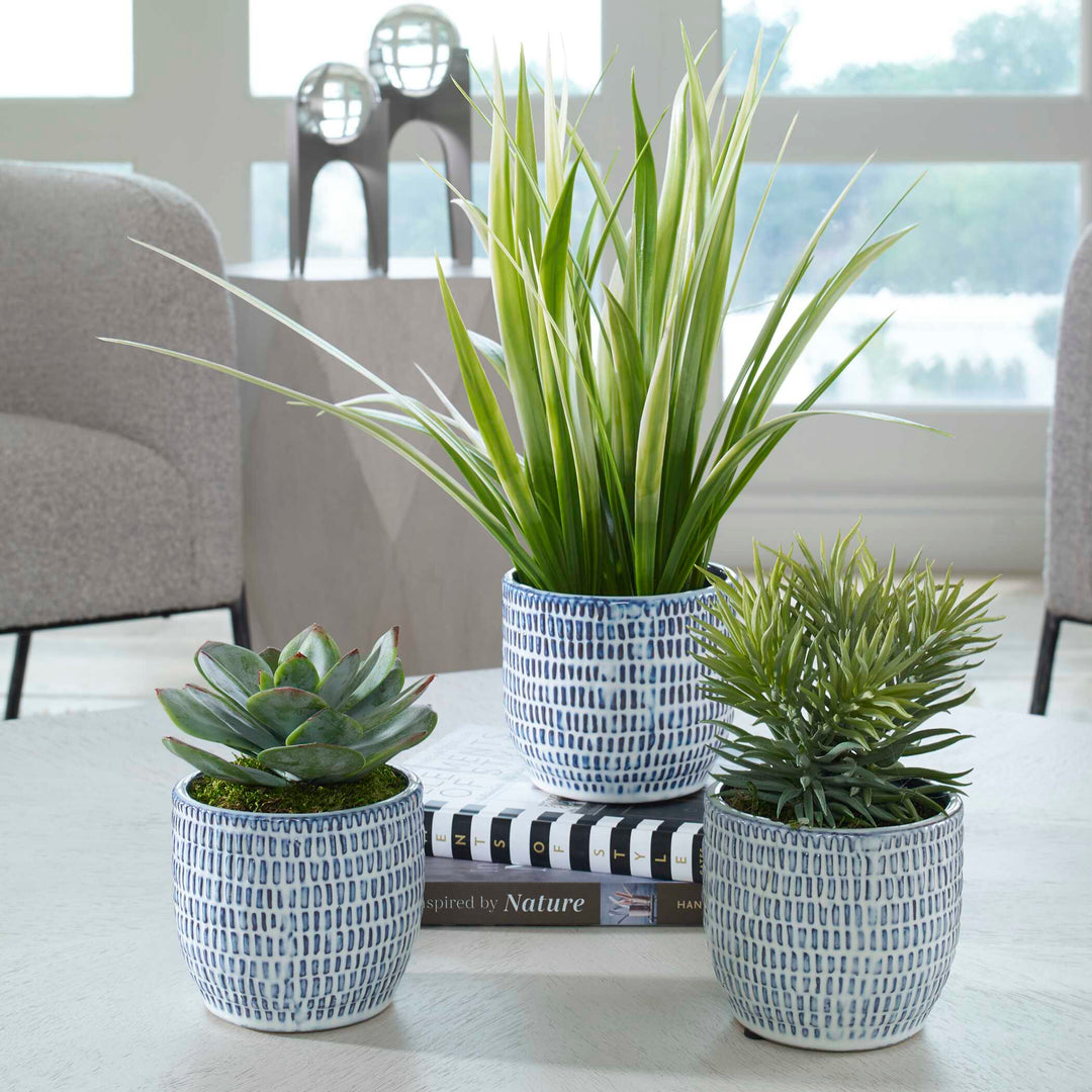 American Home Furniture Uttermost Puebla Greenery in Blue & White Pots, Set of 3