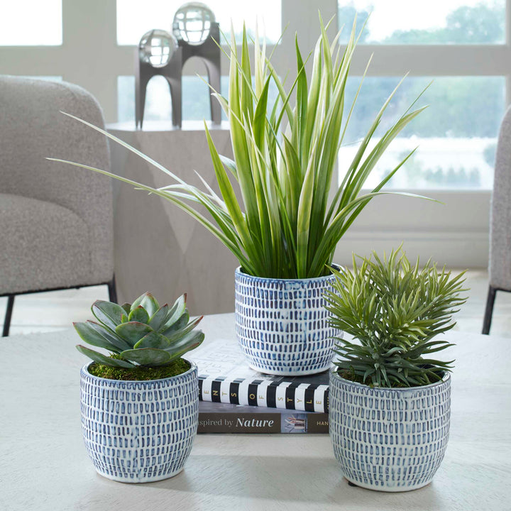 American Home Furniture Uttermost Puebla Greenery in Blue & White Pots, Set of 3