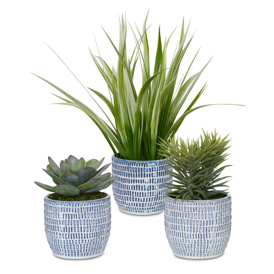 American Home Furniture Uttermost Puebla Greenery in Blue & White Pots, Set of 3