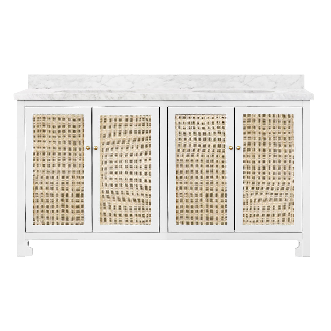 Bath Vanity In Matte White Lacquer With Cane Front Doors, White Marble Top, Double Porcelain Sinks, And Polished Brass Knobs, 60" Wide - BOYD 60 WH