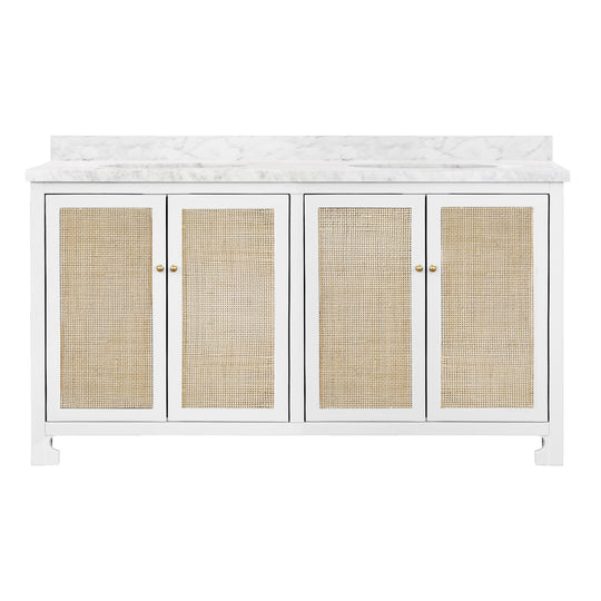 Bath Vanity In Matte White Lacquer With Cane Front Doors, White Marble Top, Double Porcelain Sinks, And Polished Brass Knobs, 60" Wide - BOYD 60 WH