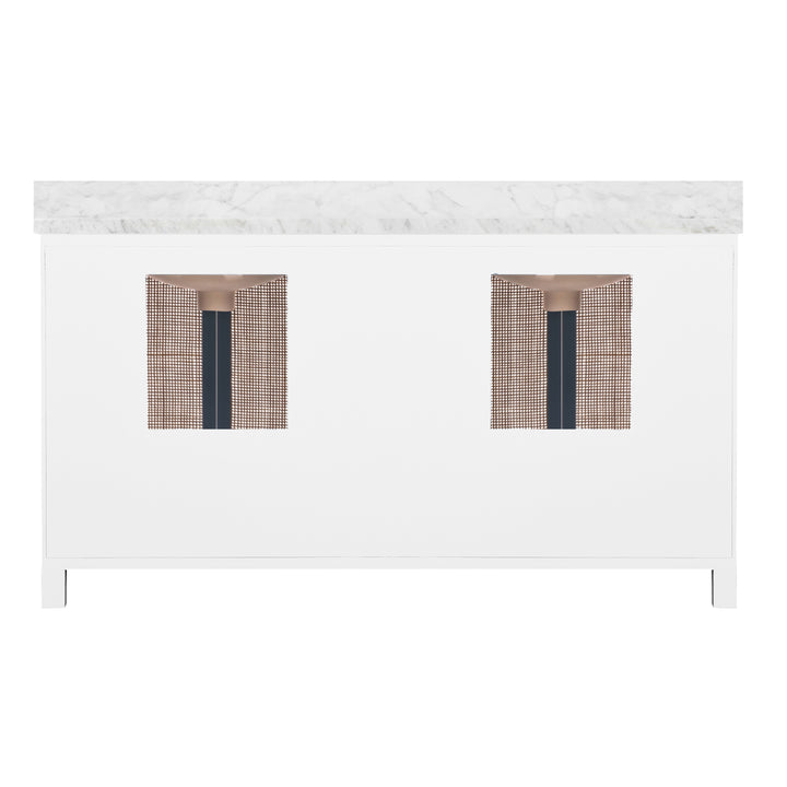 Bath Vanity In Matte White Lacquer With Cane Front Doors, White Marble Top, Double Porcelain Sinks, And Polished Brass Knobs, 60" Wide - BOYD 60 WH