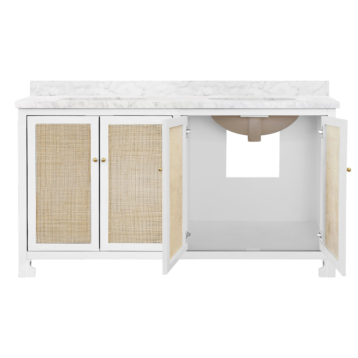 Bath Vanity In Matte White Lacquer With Cane Front Doors, White Marble Top, Double Porcelain Sinks, And Polished Brass Knobs, 60" Wide - BOYD 60 WH