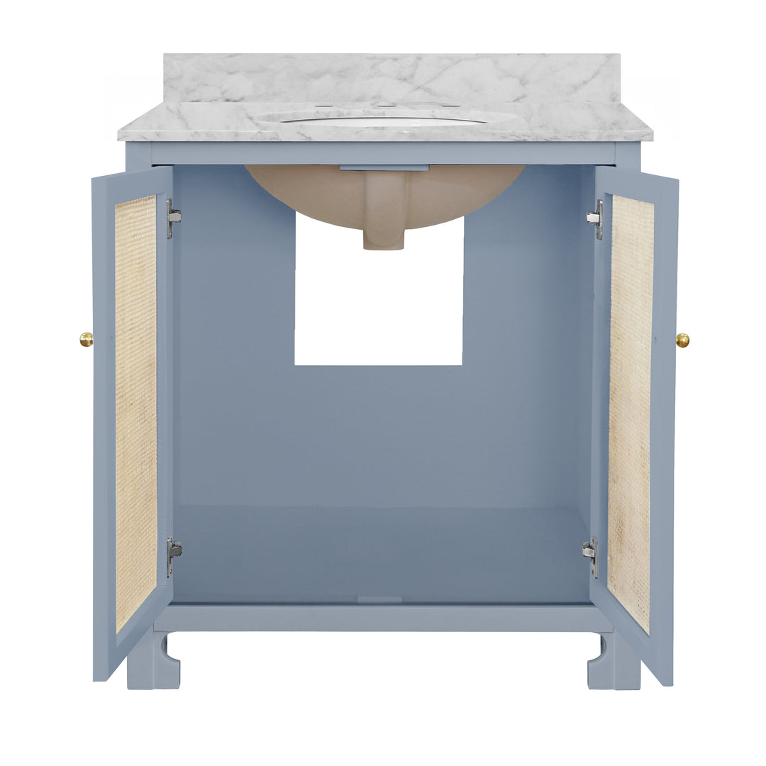 Bath Vanity In Matte Light Blue Lacquer With Cane Front Doors, White Marble Top, Porcelain Sink, And Polished Brass Knobs - BOYD LB