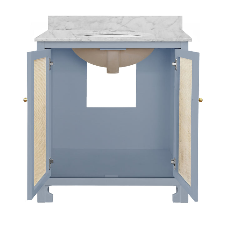 Bath Vanity In Matte Light Blue Lacquer With Cane Front Doors, White Marble Top, Porcelain Sink, And Polished Brass Knobs - BOYD LB