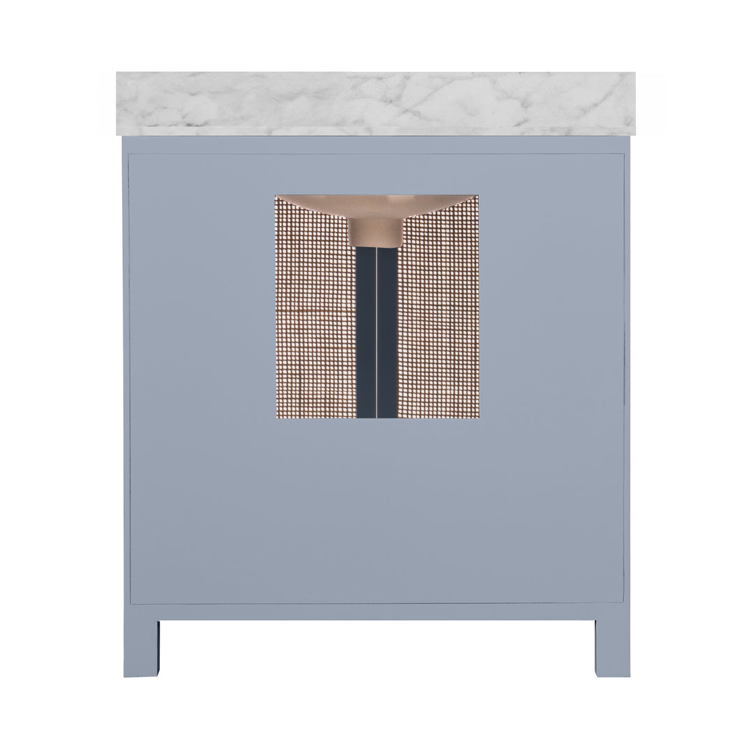 Bath Vanity In Matte Light Blue Lacquer With Cane Front Doors, White Marble Top, Porcelain Sink, And Polished Brass Knobs - BOYD LB