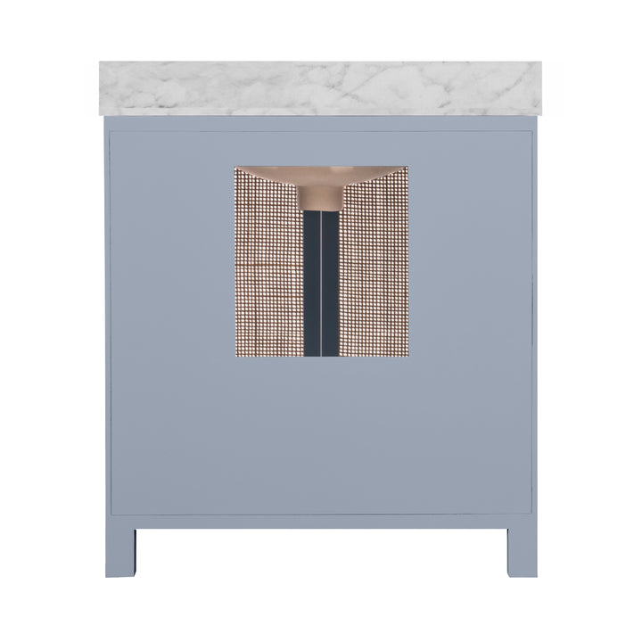 Bath Vanity In Matte Light Blue Lacquer With Cane Front Doors, White Marble Top, Porcelain Sink, And Polished Brass Knobs - BOYD LB