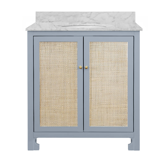 Bath Vanity In Matte Light Blue Lacquer With Cane Front Doors, White Marble Top, Porcelain Sink, And Polished Brass Knobs - BOYD LB