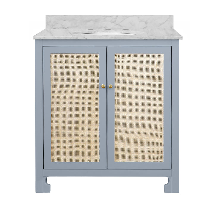 Bath Vanity In Matte Light Blue Lacquer With Cane Front Doors, White Marble Top, Porcelain Sink, And Polished Brass Knobs - BOYD LB