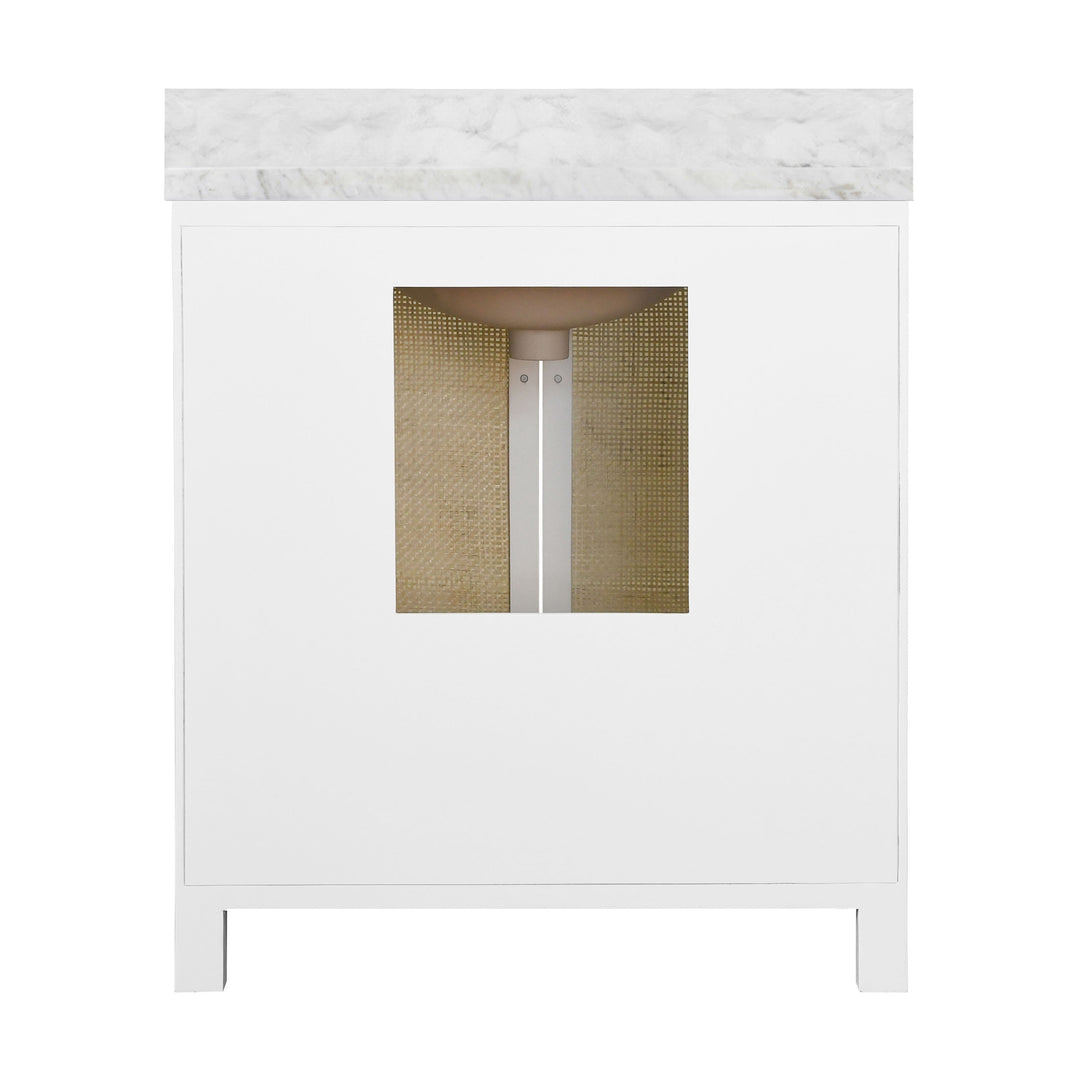 Bath Vanity In Matte White Lacquer With Cane Front Doors, White Marble Top, And Porcelain Sink - BOYD WH