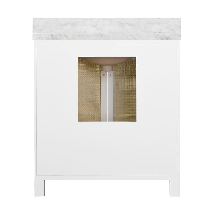 Bath Vanity In Matte White Lacquer With Cane Front Doors, White Marble Top, And Porcelain Sink - BOYD WH