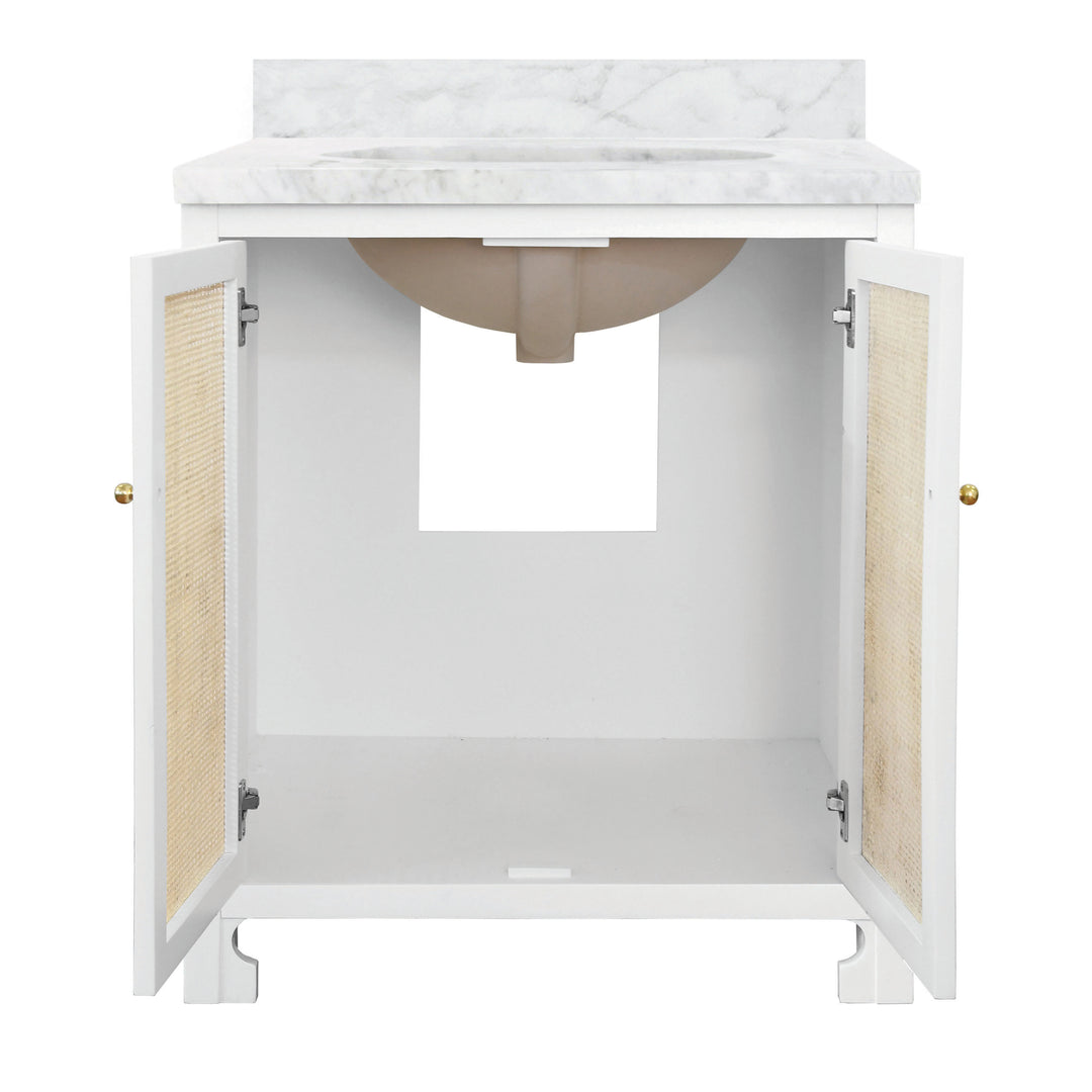 Bath Vanity In Matte White Lacquer With Cane Front Doors, White Marble Top, And Porcelain Sink - BOYD WH